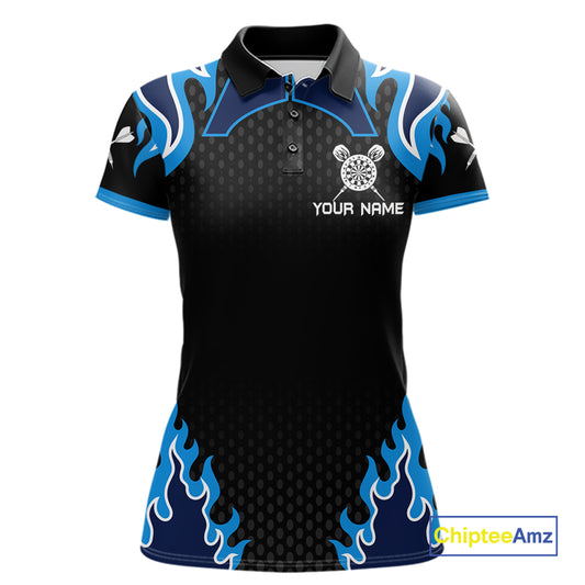 Black And Blue Flaming Darts Jersey Polo & Quarter Zip Custom Darts Team Shirt For Women TDM6146