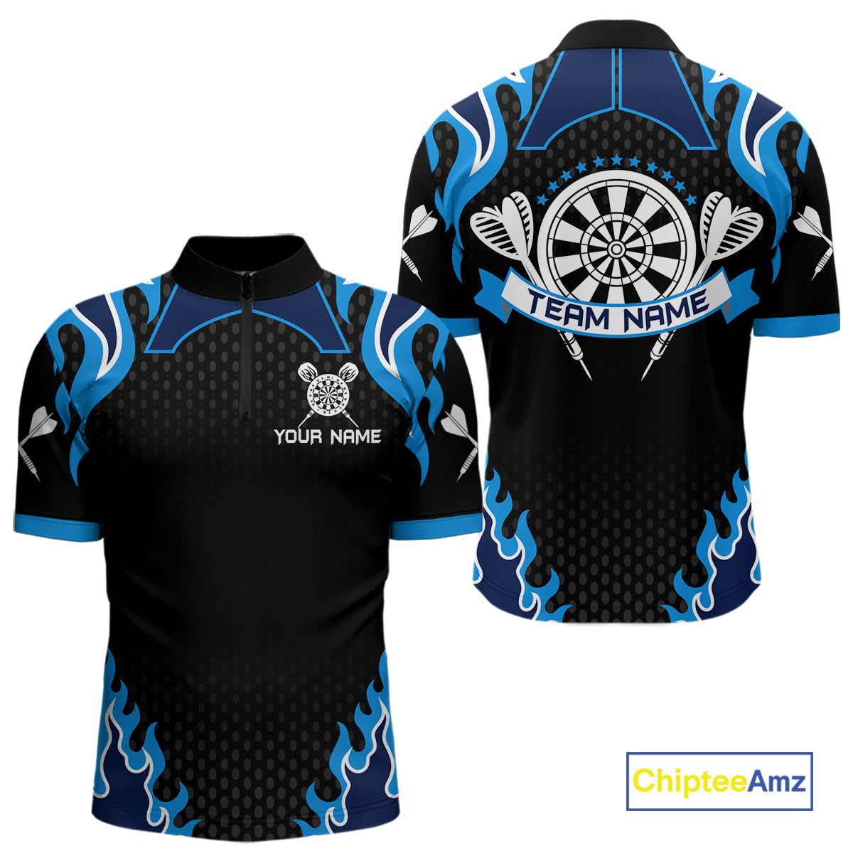 Black And Blue Flaming Darts Jersey Polo & Quarter Zip Custom Darts Team Shirt For Men TDM6146