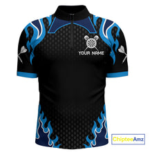Load image into Gallery viewer, Black And Blue Flaming Darts Jersey Polo &amp; Quarter Zip Custom Darts Team Shirt For Men TDM6146