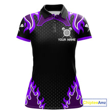 Load image into Gallery viewer, Black And Purple Flaming Darts Jersey Polo &amp; Quarter Zip Custom Darts Team Shirt For Women TDM6147