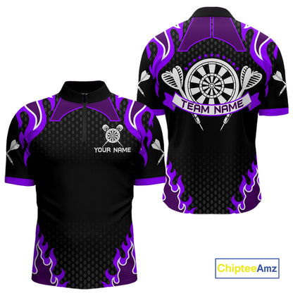 Black And Purple Flaming Darts Jersey Polo & Quarter Zip Custom Darts Team Shirt For Men TDM6147