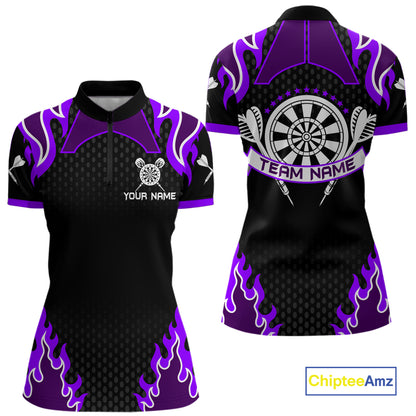 Black And Purple Flaming Darts Jersey Polo & Quarter Zip Custom Darts Team Shirt For Women TDM6147