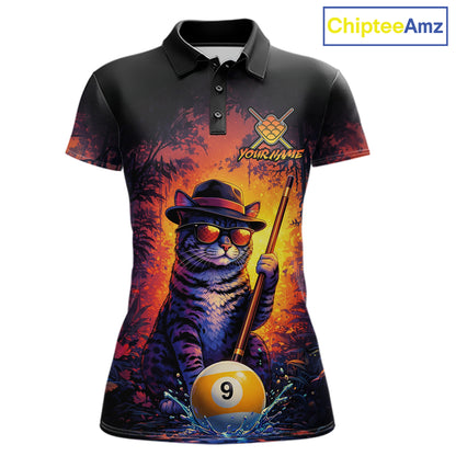 Vintage funny cat 9 ball billiard polo shirt for women with custom pool team graphics.