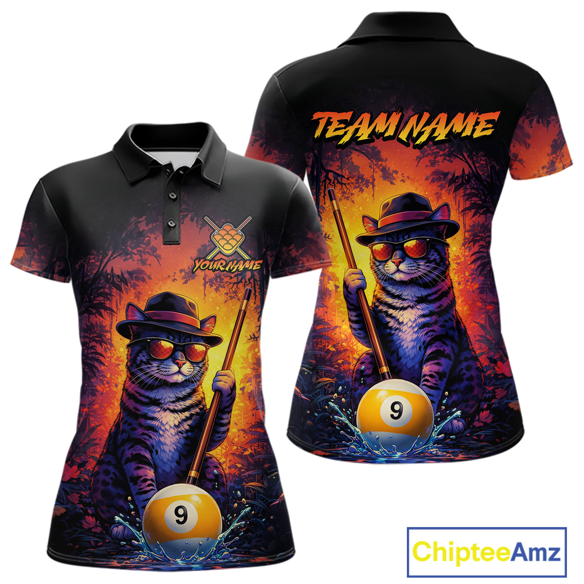 Vintage funny cat 9 ball billiard polo shirt for women with custom pool team graphics.