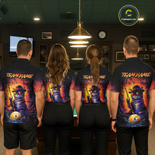 Load image into Gallery viewer, Back view of pool players wearing matching vintage cat billiard shirts in a game room.