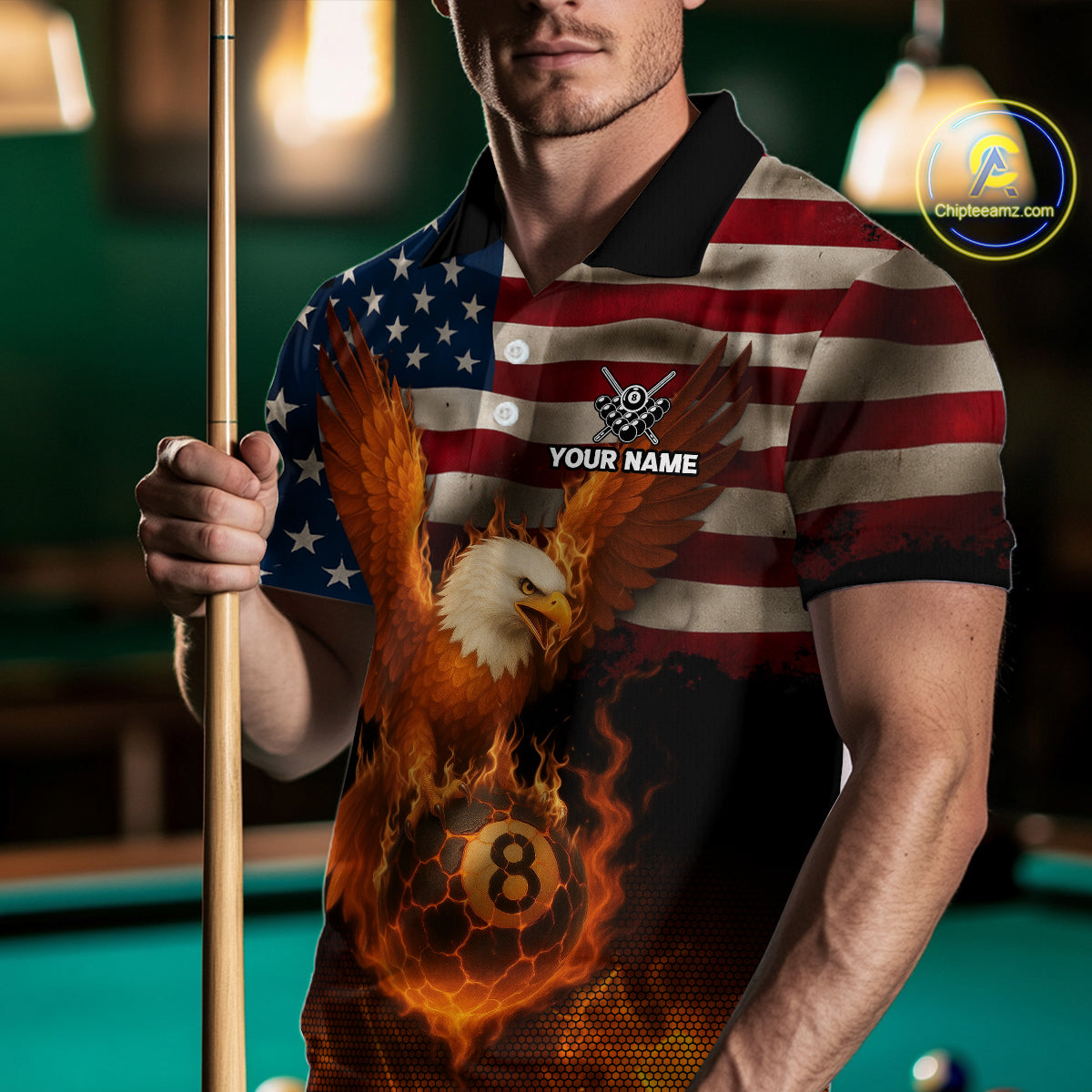 American Flag Eagle Fire 8 Ball Billiard Shirt For Men Custom Patriotic Billiard Pool Team Jersey TDM5087