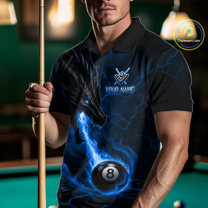 Man wearing a blue dragon 8 ball pool fire billiard jersey front view, custom pool team shirt.