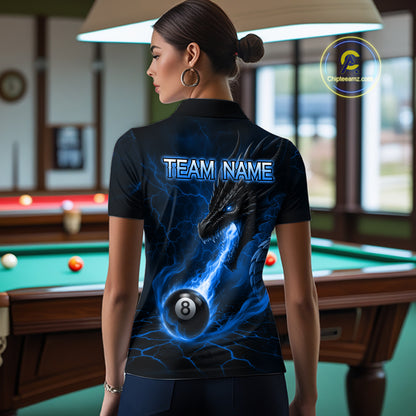 Back view of woman wearing a blue dragon 8 ball pool fire billiard team jersey.