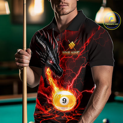 Man wearing a red dragon 9 ball pool fire billiard jersey front view, custom pool team shirt.