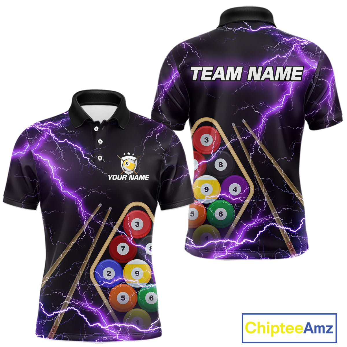 Purple 9 Ball Thunder Lightning Billiard Shirts For Men Custom Pool Team Jersey Polo & 1/4 Zip TDM5979