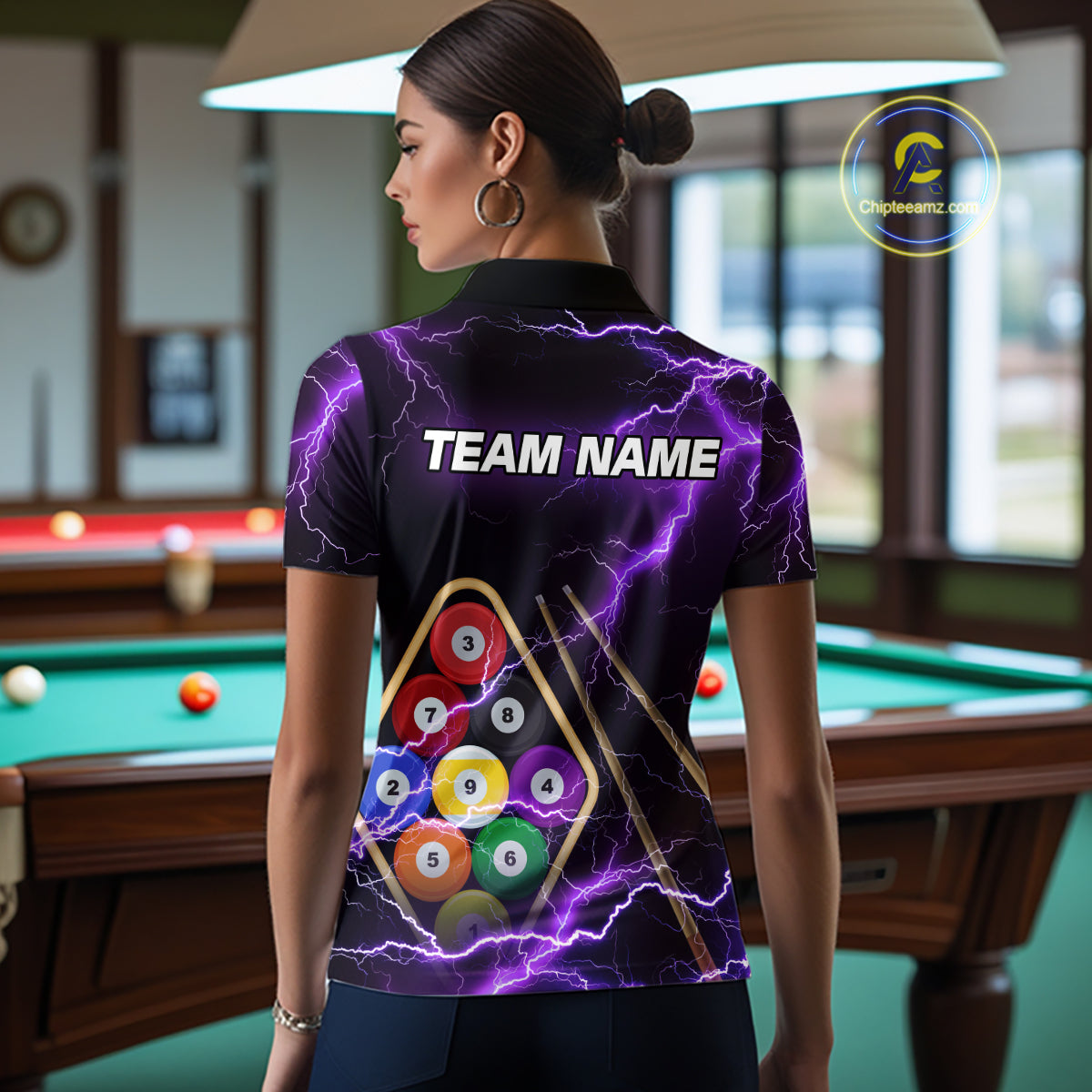 Purple 9 Ball Thunder Lightning Billiard Shirts For Women Custom Pool Team Jersey Polo & 1/4 Zip TDM5979