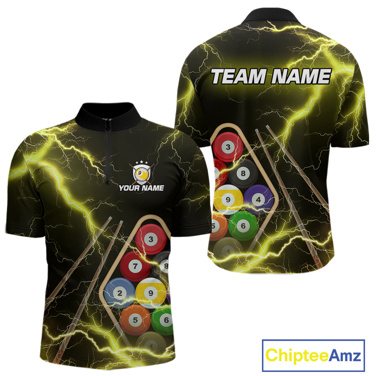 Yellow 9 Ball Thunder Lightning Billiard Shirts For Men Custom Pool Team Jersey Polo & 1/4 Zip TDM5980
