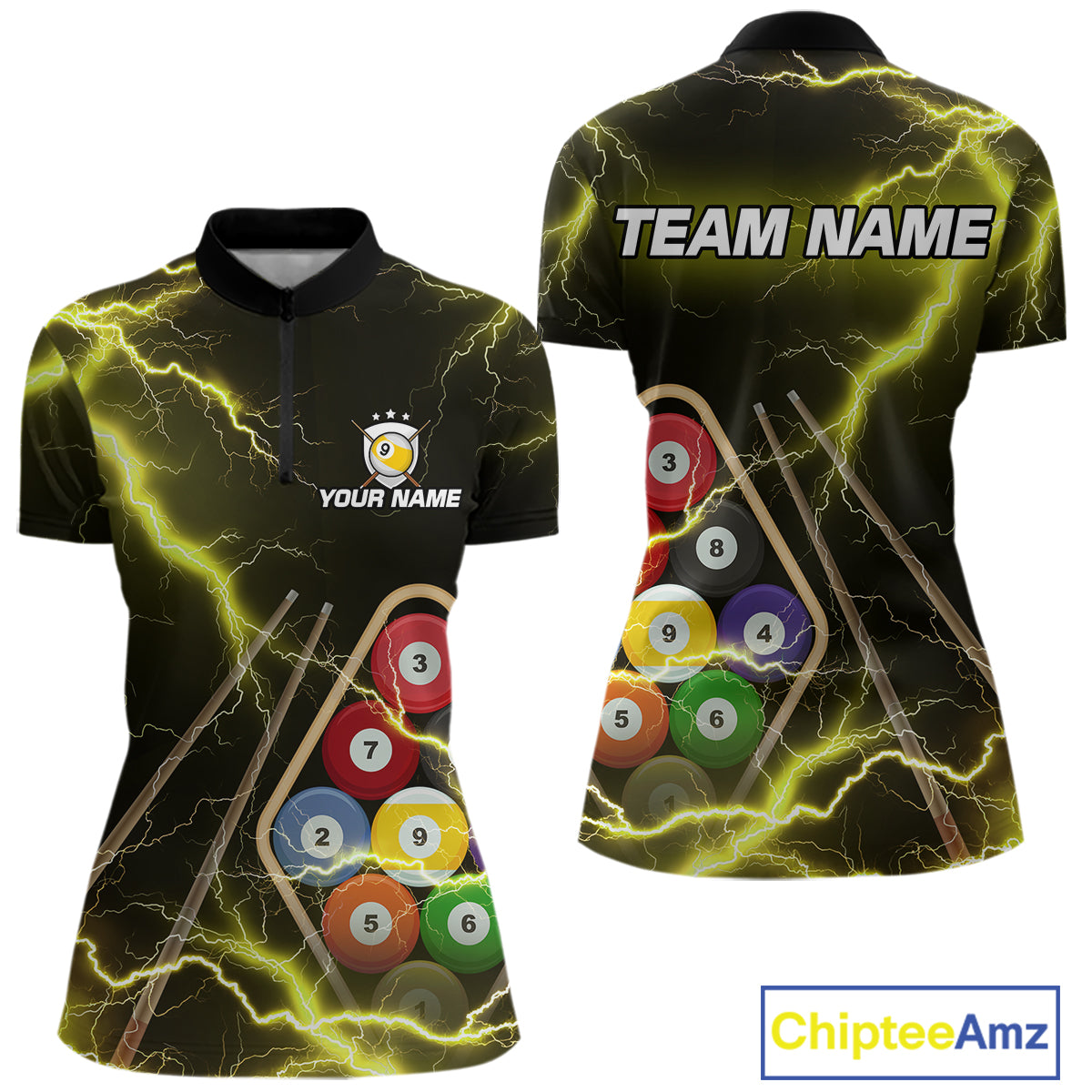 Yellow 9 Ball Thunder Lightning Billiard Shirts For Women Custom Pool Team Jersey Polo & 1/4 Zip TDM5980