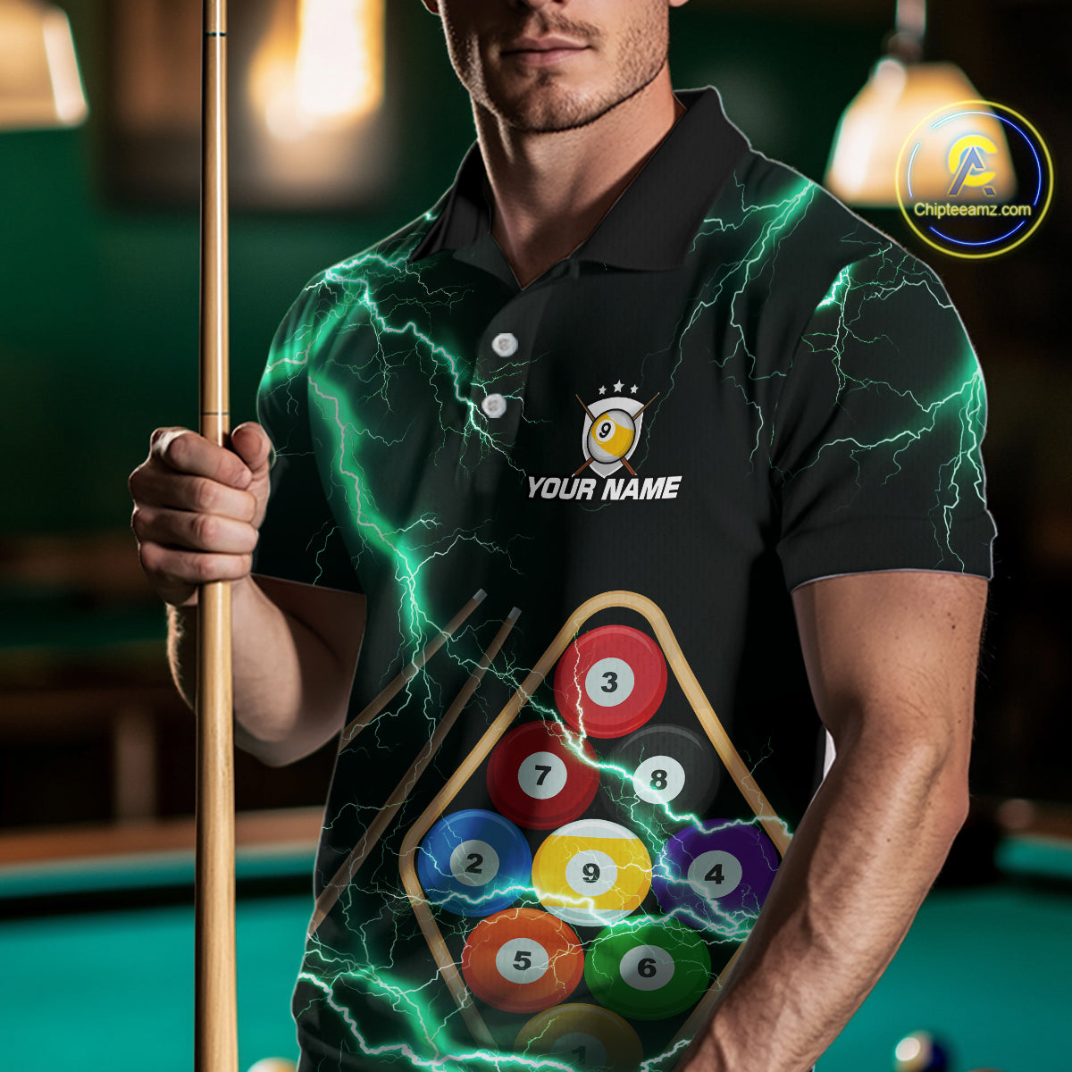 Turquoise 9 Ball Thunder Lightning Billiard Shirts For Men Custom Pool Team Jersey Polo & 1/4 Zip TDM5981