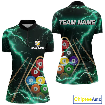 Turquoise 9 Ball Thunder Lightning Billiard Shirts For Women Custom Pool Team Jersey Polo & 1/4 Zip TDM5981