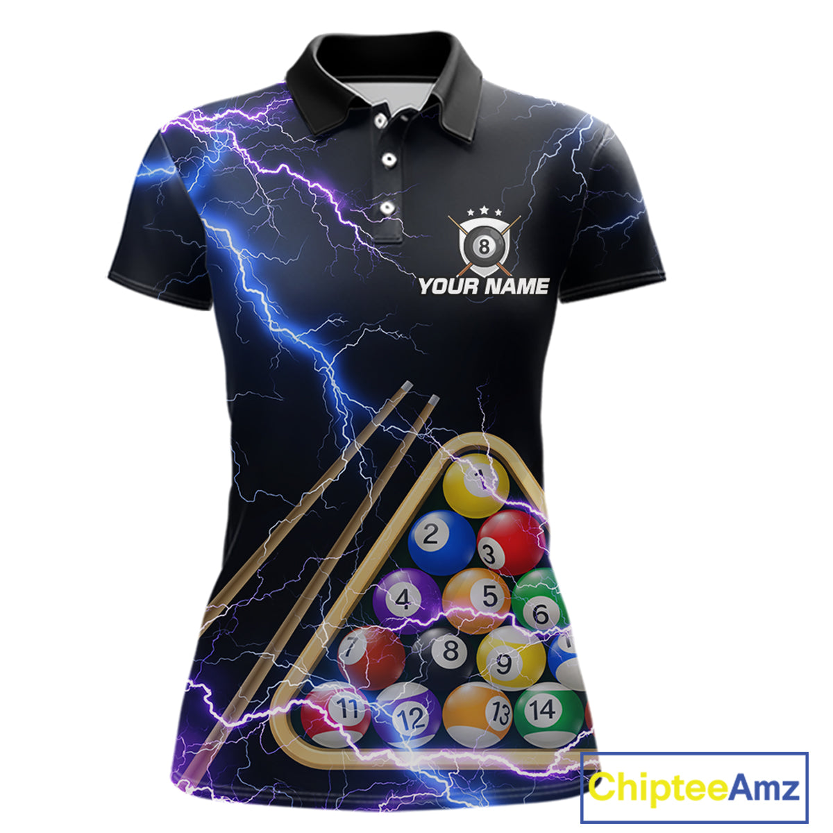 Blue Purple 8 Ball Thunder Lightning Billiard Shirt For Women Custom Pool Team Jersey Polo, 1/4 Zip TDM5982