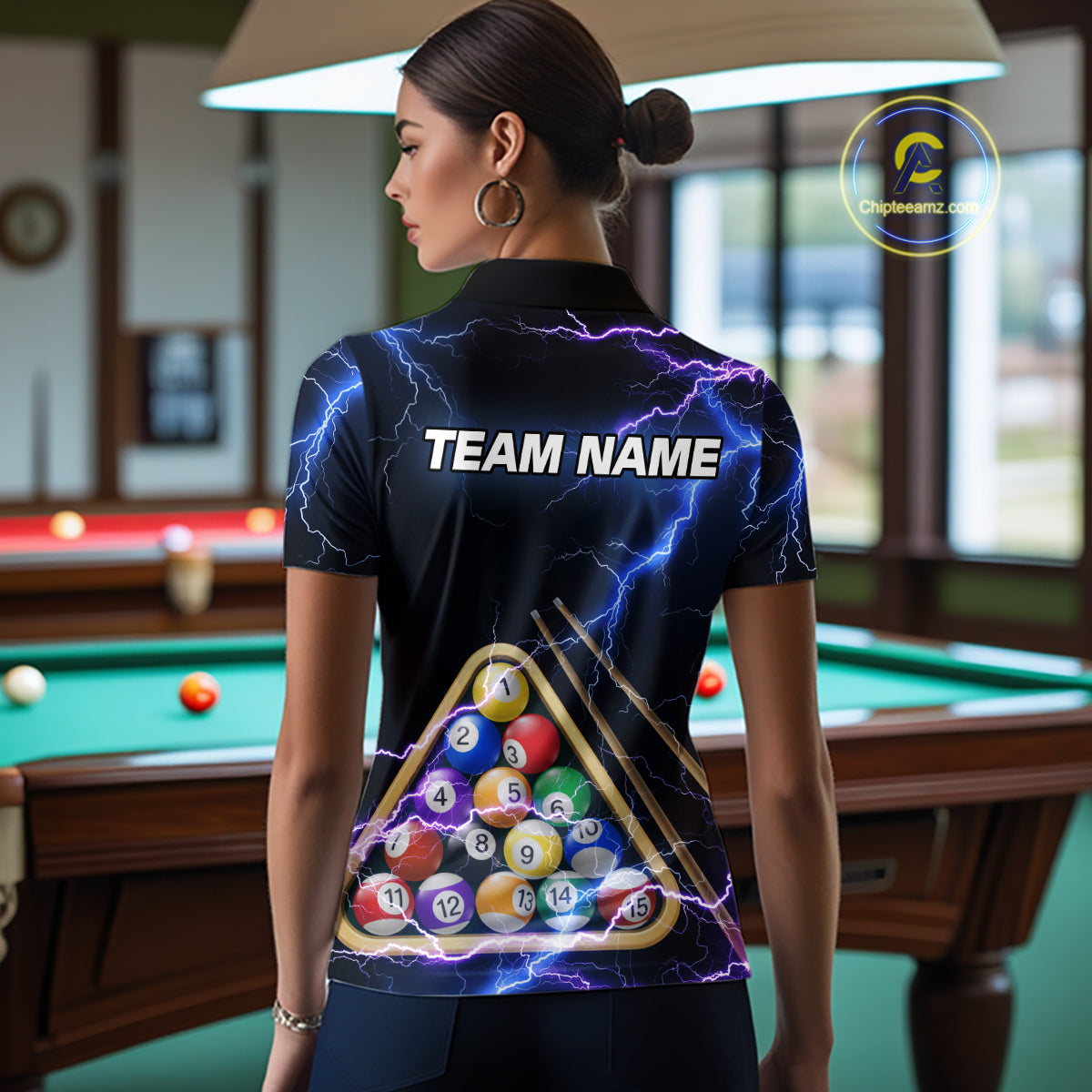 Blue Purple 8 Ball Thunder Lightning Billiard Shirt For Women Custom Pool Team Jersey Polo, 1/4 Zip TDM5982