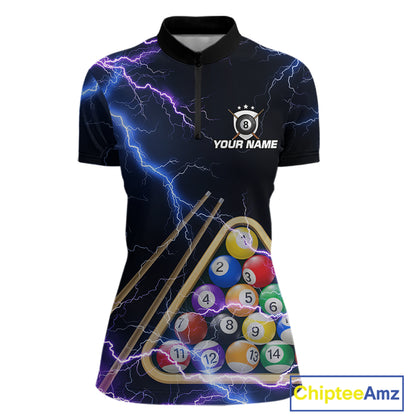 Blue Purple 8 Ball Thunder Lightning Billiard Shirt For Women Custom Pool Team Jersey Polo, 1/4 Zip TDM5982
