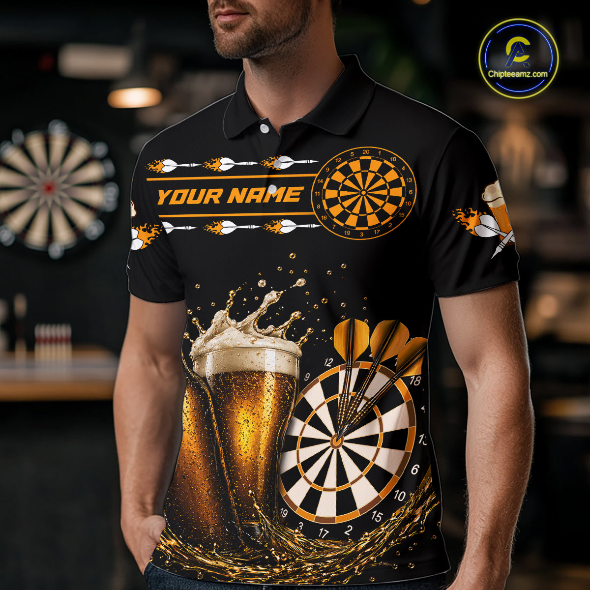 Custom Yellow Funny Dartboard Beer Darts Shirt For Men, Darts Team Jersey Polo & Quarter Zip TDM6453