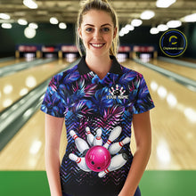 Load image into Gallery viewer, Custom Blue And Pink Tropical Floral Bowling Shirt For Women, Bowling Team Jersey Polo &amp; 1/4 Zip TDM6222