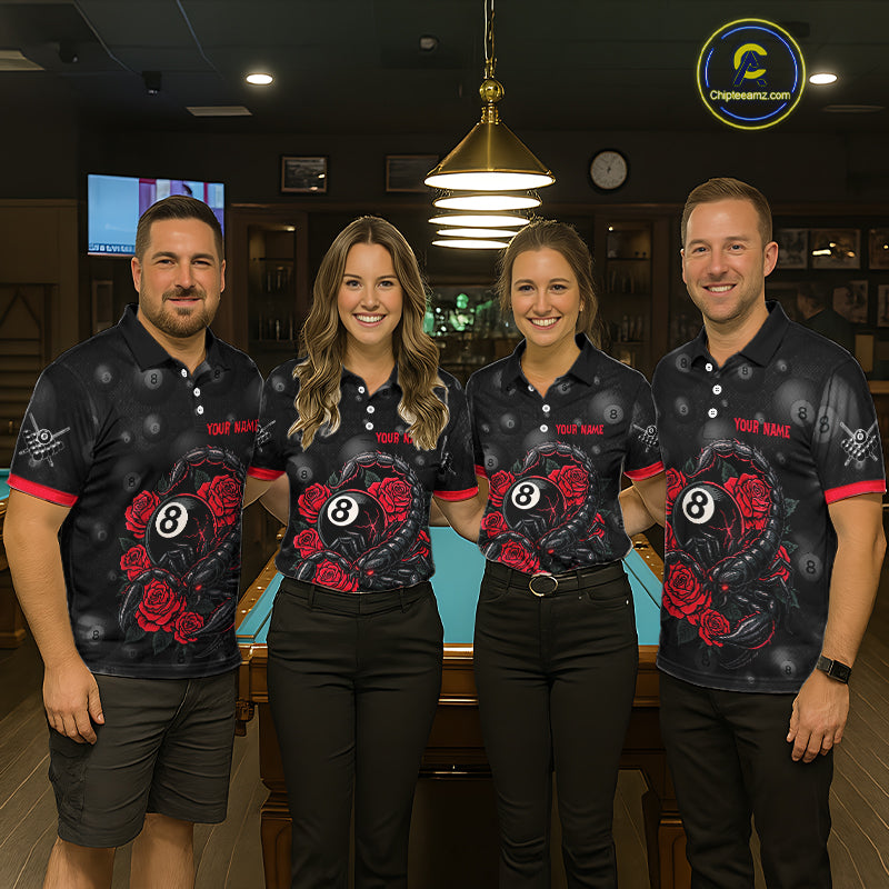 Black Red 8 Ball Scorpion Roses Billiard Shirt For Men Custom Pool Team Shirt, Billiard Jersey TDM5345