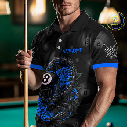 Black Blue 8 Ball Scorpion Roses Billiard Shirt For Men Custom Pool Team Shirt, Billiard Jersey TDM5346