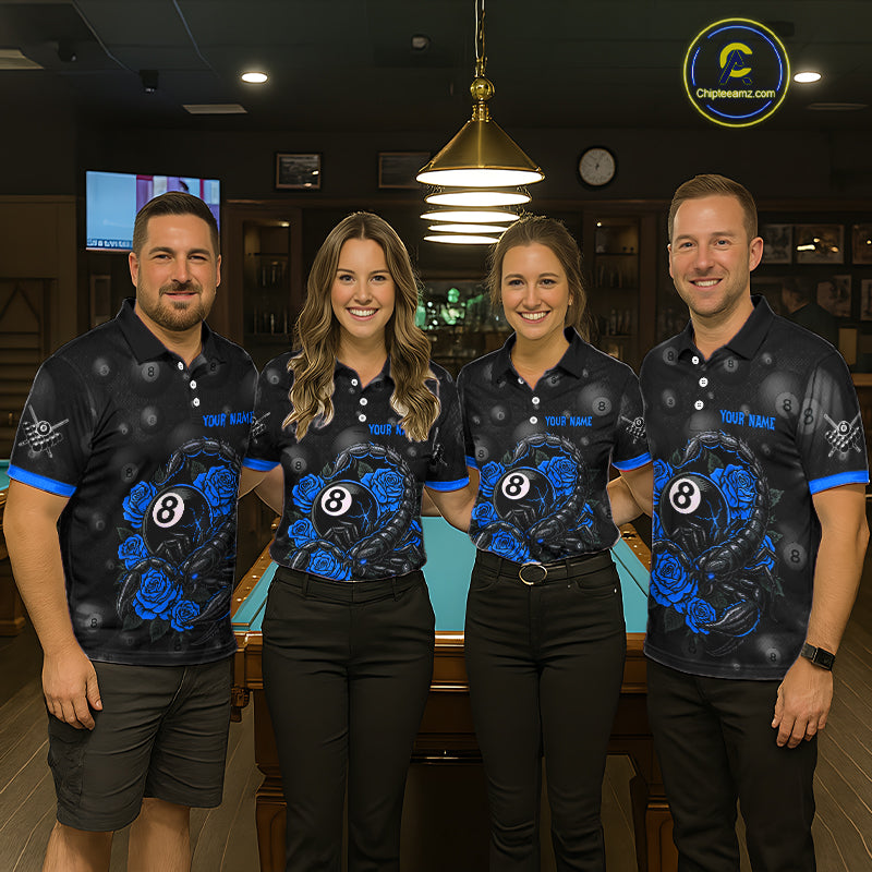 Black Blue 8 Ball Scorpion Roses Billiard Shirt For Men Custom Pool Team Shirt, Billiard Jersey TDM5346