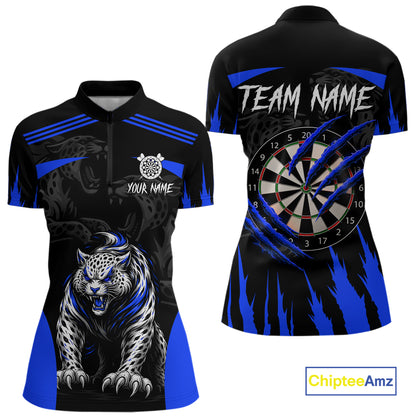 Black And Blue Custom Leopard Darts Shirt For Women, Darts Team Jersey Polo & Quarter Zip TDM5626