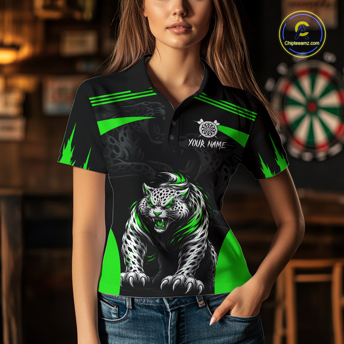 Black And Green Custom Leopard Darts Shirt For Women, Darts Team Jersey Polo & Quarter Zip TDM5627