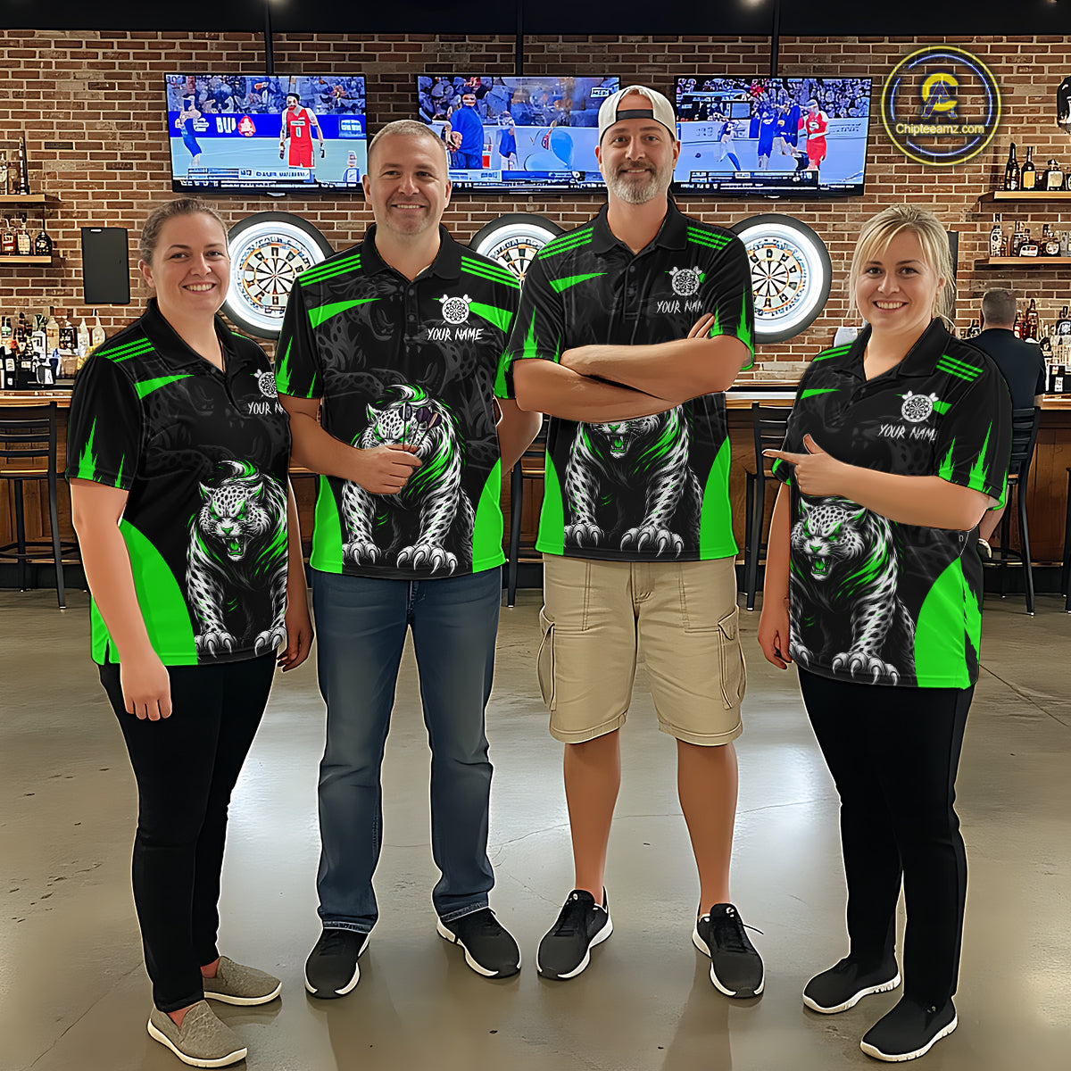 Black And Green Custom Leopard Darts Shirt For Women, Darts Team Jersey Polo & Quarter Zip TDM5627