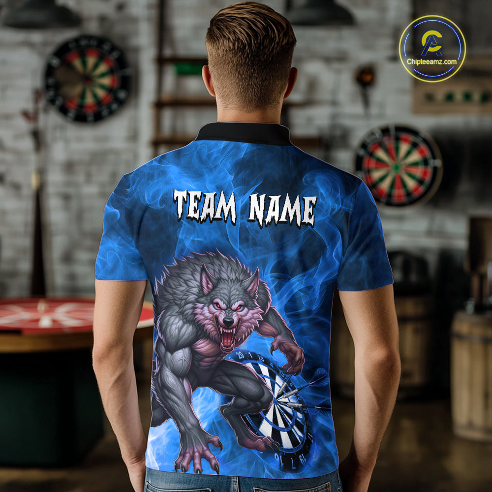 Blue Flaming Wolf Darts Shirt For Men Custom Darts League Jersey Team Polo & Quarter Zip TDM5360