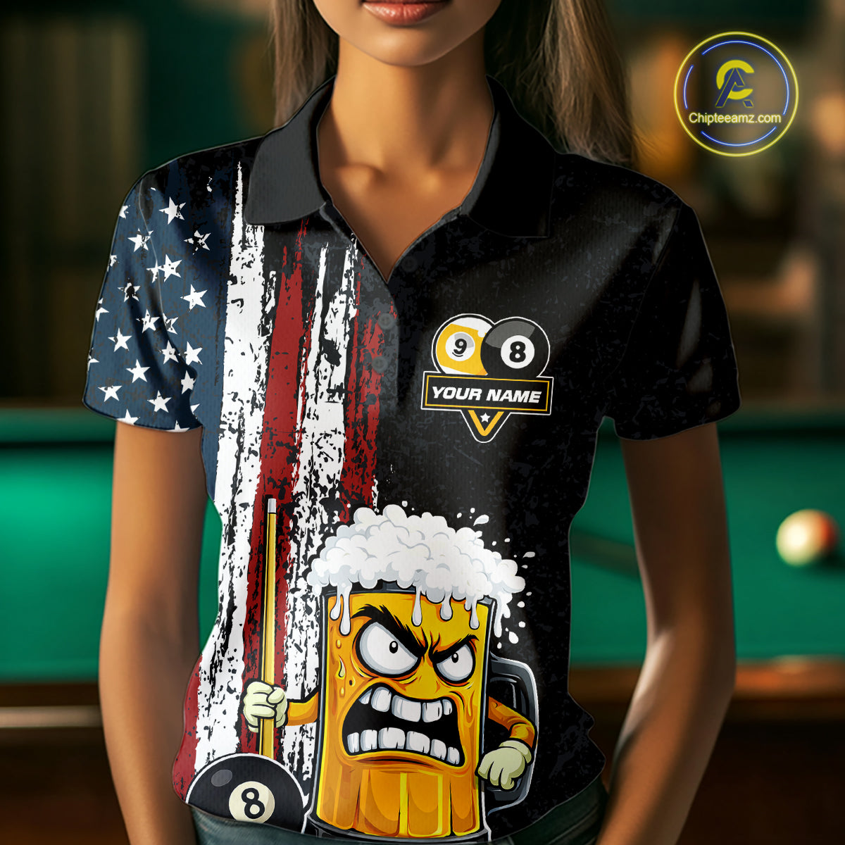 Funny Angry Beer 8 Ball & 9 Ball Billiard Shirt For Women Custom American Flag Pool Team Jersey TDM5636