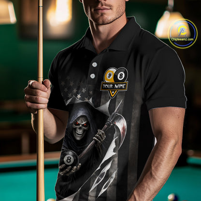 Grim Reaper 8 Ball & 9 Ball US Flag Billiard Shirt For Men Custom Pool Team Jersey Polo & 1/4 Zip TDM5639