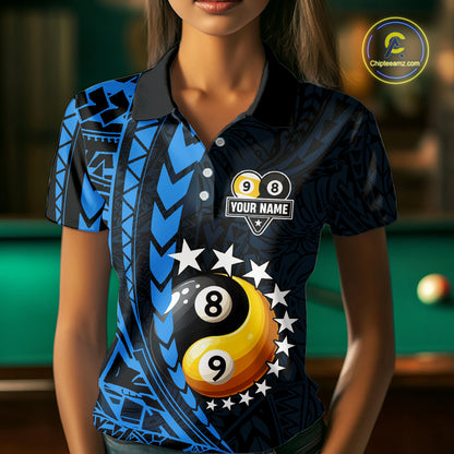 Custom Blue Tribal 8 Ball & 9 Ball Yin And Yang Billiard Shirt For Women, Funny Pool Team Jersey TDM5845