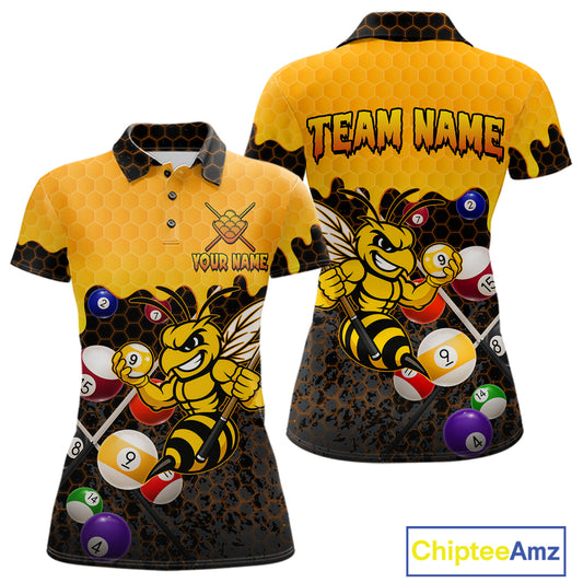 Custom Yellow Black Funny Bee 9 Ball Billiard Shirt For Women, Pool Team Jersey Polo & 1/4 Zip TDM6005