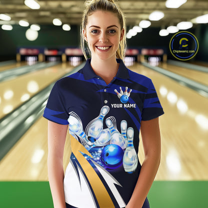 Personalized Blue Strike Ball Bowling Shirt For Women Custom Team Bowling Jersey Polo & 1/4 Zip TDM6243