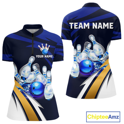 Personalized Blue Strike Ball Bowling Shirt For Women Custom Team Bowling Jersey Polo & 1/4 Zip TDM6243