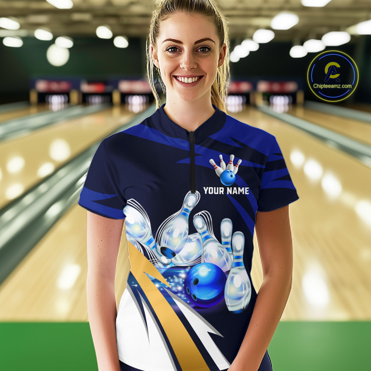 Personalized Blue Strike Ball Bowling Shirt For Women Custom Team Bowling Jersey Polo & 1/4 Zip TDM6243