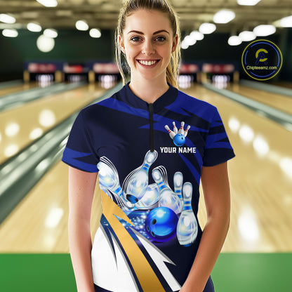 Personalized Blue Strike Ball Bowling Shirt For Women Custom Team Bowling Jersey Polo & 1/4 Zip TDM6243