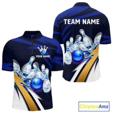 Load image into Gallery viewer, Personalized Blue Strike Ball Bowling Shirt For Men Custom Team Bowling Jersey Polo &amp; 1/4 Zip TDM6243
