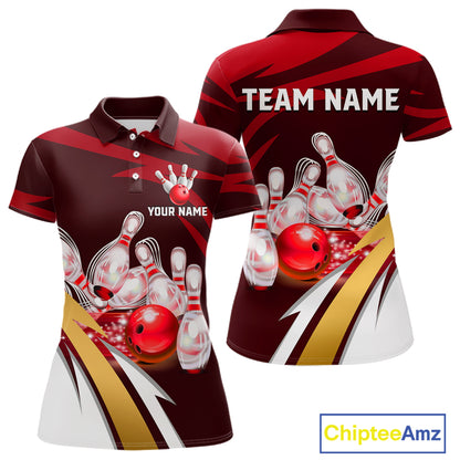 Personalized Red Strike Ball Bowling Shirt For Women Custom Team Bowling Jersey Polo & 1/4 Zip TDM6244