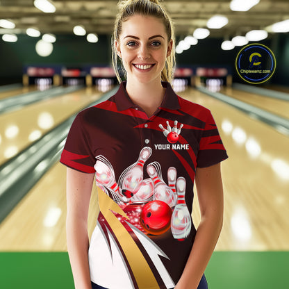 Personalized Red Strike Ball Bowling Shirt For Women Custom Team Bowling Jersey Polo & 1/4 Zip TDM6244