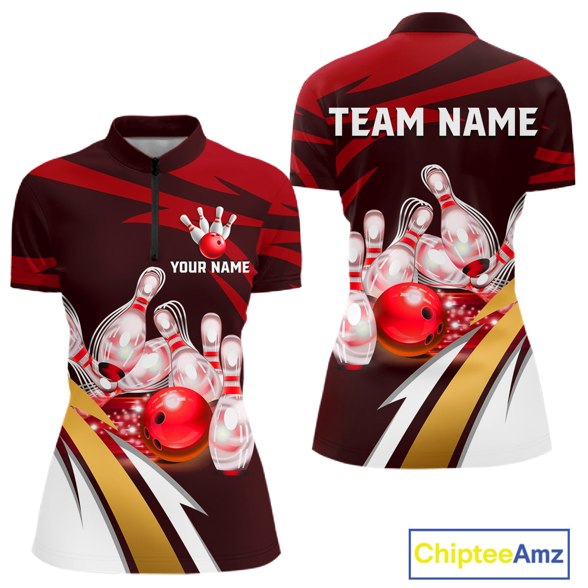 Personalized Red Strike Ball Bowling Shirt For Women Custom Team Bowling Jersey Polo & 1/4 Zip TDM6244