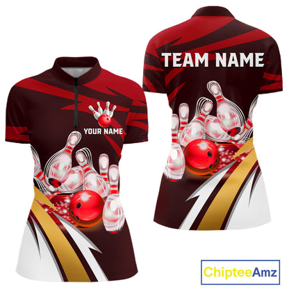 Personalized Red Strike Ball Bowling Shirt For Women Custom Team Bowling Jersey Polo & 1/4 Zip TDM6244