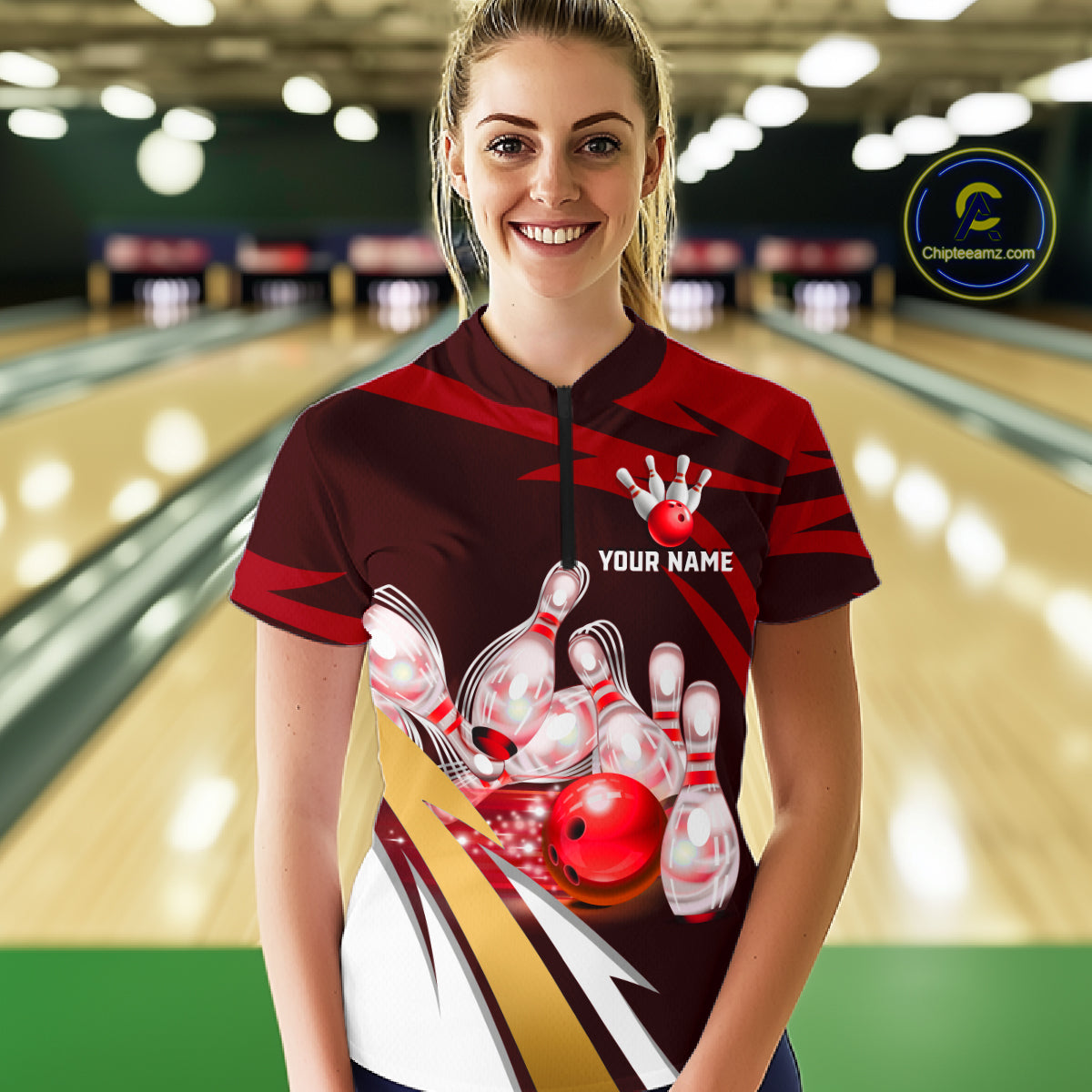 Personalized Red Strike Ball Bowling Shirt For Women Custom Team Bowling Jersey Polo & 1/4 Zip TDM6244
