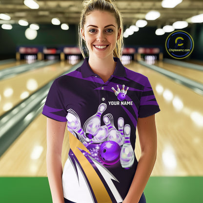 Personalized Purple Strike Ball Bowling Shirt For Women Custom Team Bowling Jersey Polo & 1/4 Zip TDM6245