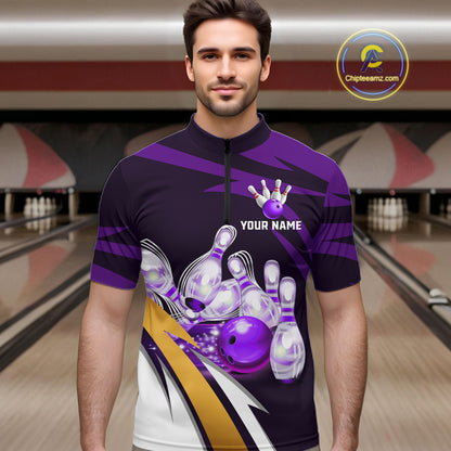 Personalized Purple Strike Ball Bowling Shirt For Men Custom Team Bowling Jersey Polo & 1/4 Zip TDM6245