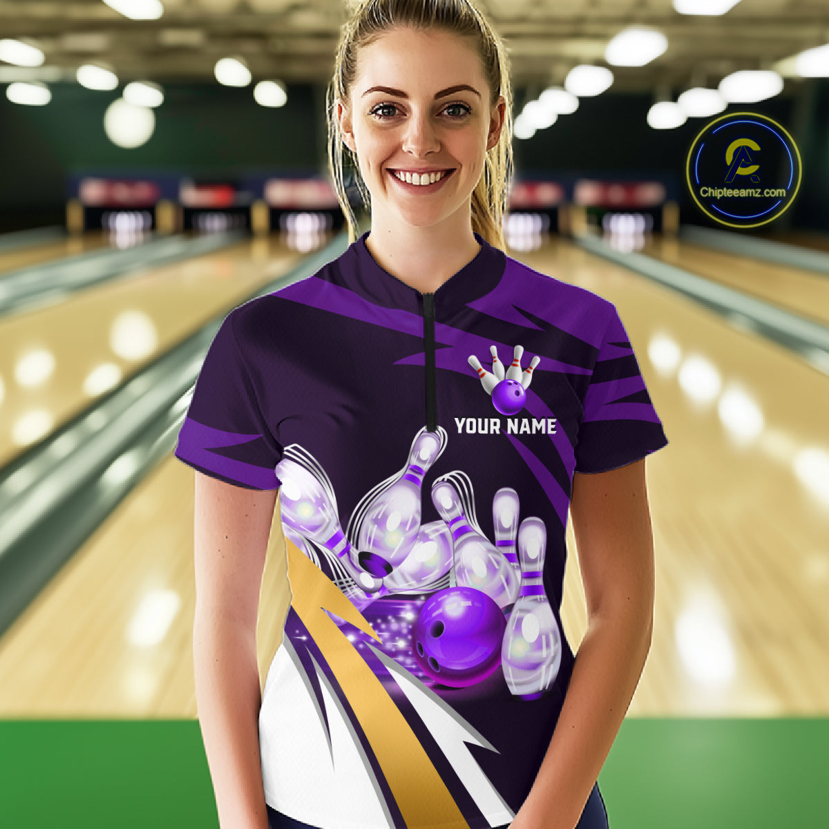 Personalized Purple Strike Ball Bowling Shirt For Women Custom Team Bowling Jersey Polo & 1/4 Zip TDM6245