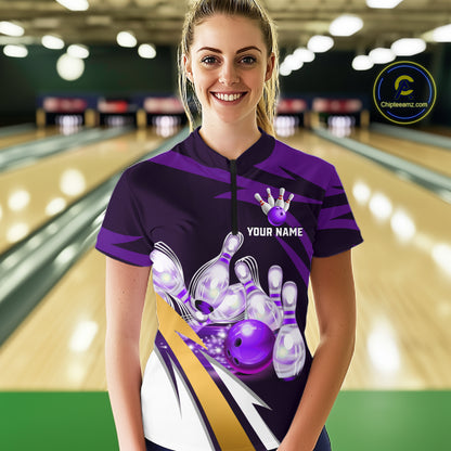 Personalized Purple Strike Ball Bowling Shirt For Women Custom Team Bowling Jersey Polo & 1/4 Zip TDM6245