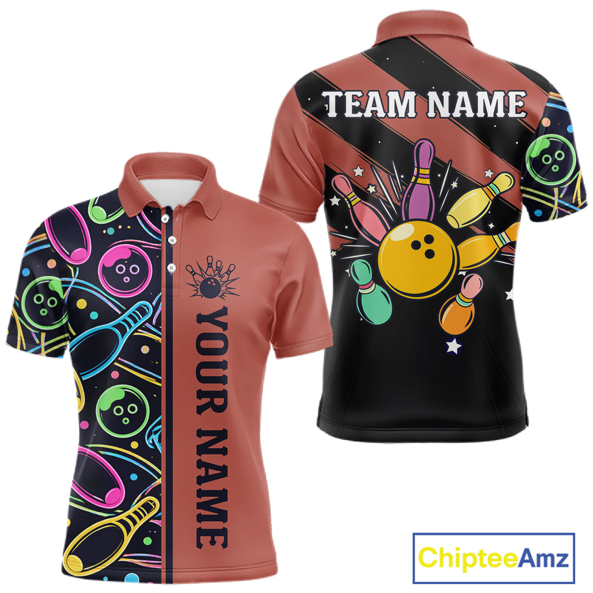 Personalized Funny Neon Bowling Shirt For Men, Retro Bowling Team Jersey Polo & 1/4 Zip | Orange TDM6462